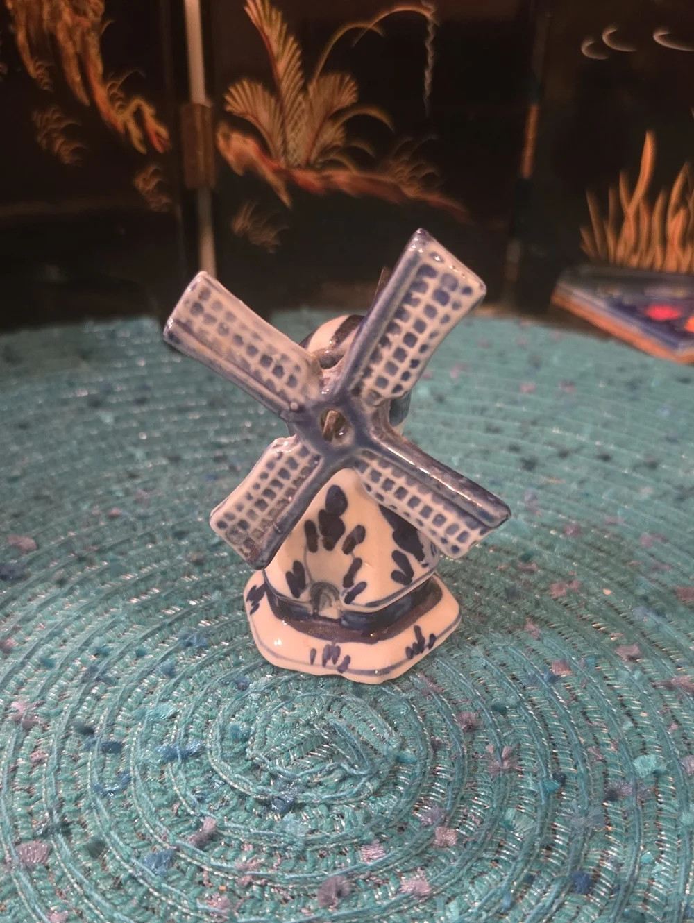 Blue and White Ceramic Windmill Figurine by